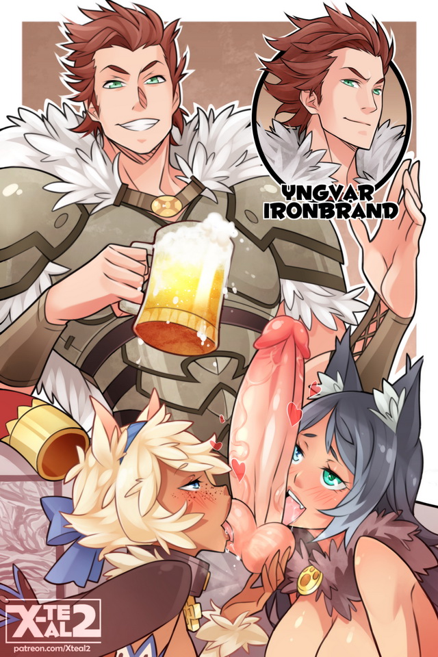 2girls alcohol animal_ears armor beer black_hair blonde_hair blue_eyes blush bunny_and_fox_world cat_ears character_name collar crossover cryska_(rune_ocarina) cup dark_skin fellatio ffm_threesome freckles green_eyes group_sex hetero heterochromia huge_penis large_penis licking multiple_fellatio multiple_girls oral original penis sheep_ears shephira_(cert) smile teamwork testicle_licking threesome veins veiny_penis wolf_ears x-teal2