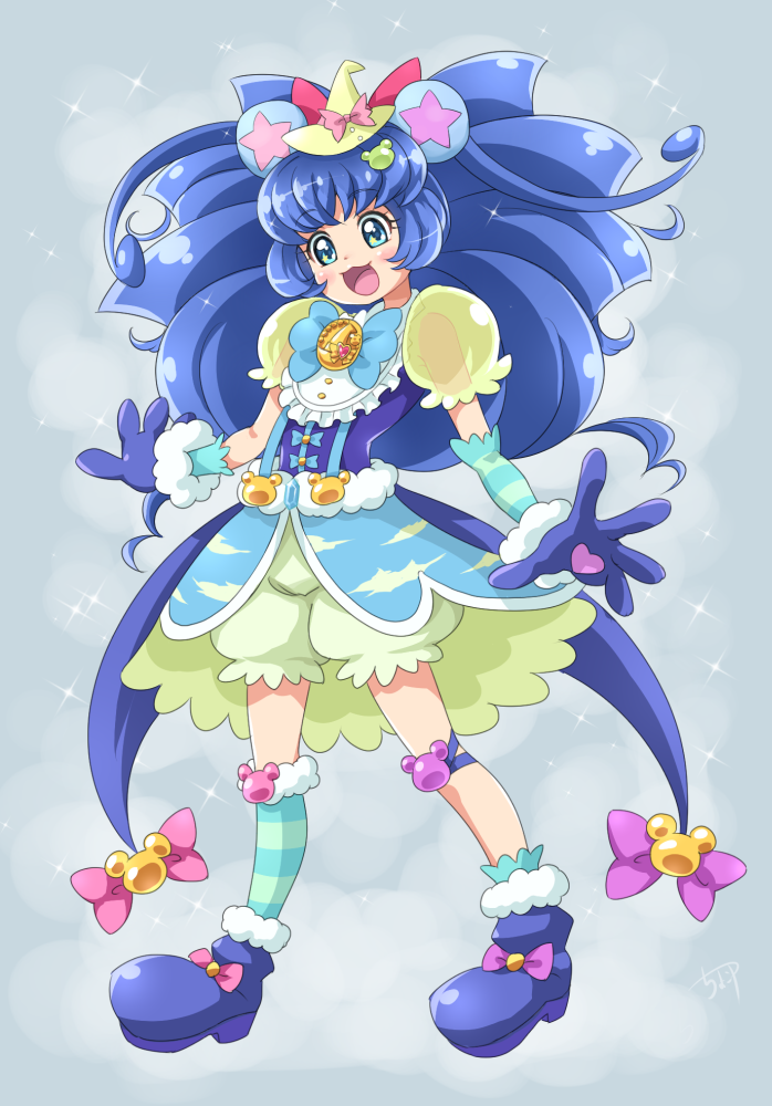 :d animal_ears bear_ears bloomers blue_background blue_bow blue_eyes blue_footwear blue_hair blue_legwear blush bow brooch chocokin commentary_request cure_gelato cure_mofurun full_body fusion hat hat_bow jewelry kirakira_precure_a_la_mode kneehighs long_hair magical_girl mahou_girls_precure! mini_hat mini_witch_hat open_mouth pink_bow precure puffy_sleeves see-through shoes simple_background single_kneehigh smile solo sparkle standing striped striped_legwear tategami_aoi underwear witch_hat yellow_hat