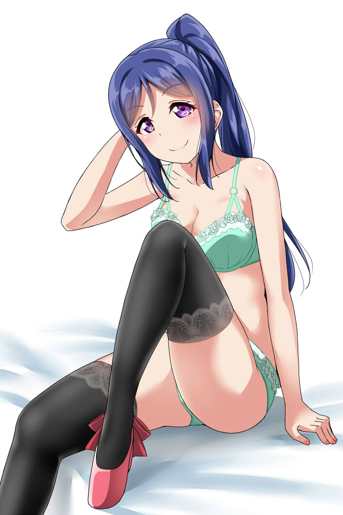 aqua_bra aqua_panties bed_sheet black_legwear blue_hair bra breasts cleavage commentary_request eyebrows_visible_through_hair high_heels knee_up lace lace-trimmed_thighhighs light_blush lingerie long_ponytail looking_at_viewer love_live! love_live!_sunshine!! matsuura_kanan medium_breasts midriff panties ponytail purple_eyes red_footwear sitting smile solo thighhighs underwear underwear_only yopparai_oni