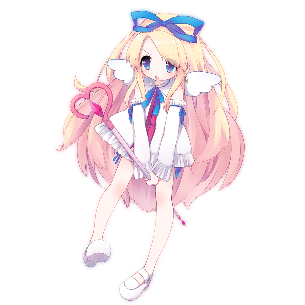 angel angel_wings bangs big_hair blonde_hair blue_eyes blue_ribbon blush commentary_request detached_sleeves disgaea dress eyebrows_visible_through_hair flonne frilled_sleeves frills hair_ribbon heart holding holding_staff long_hair long_sleeves mary_janes mini_wings no_socks open_mouth ribbon shoes sidelocks simple_background sleeveless sleeveless_dress solo staff two-handed uzaki_moi very_long_hair white_background white_dress white_footwear white_wings wings