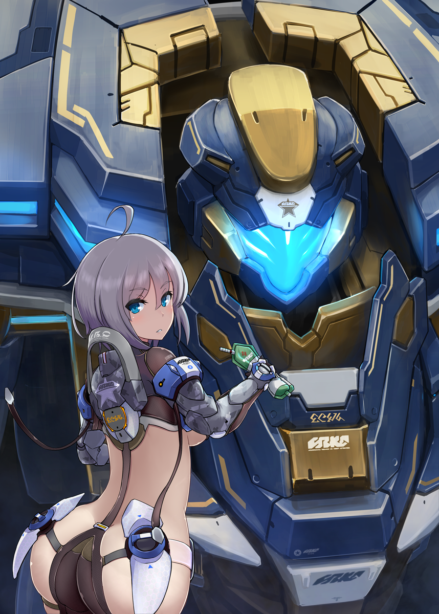 ahoge ass blue_eyes blush breasts character_request commentary_request eyebrows_visible_through_hair from_behind fu_soulwave grey_hair hair_between_eyes highres holding looking_at_viewer looking_back mecha medium_breasts parted_lips phantasy_star phantasy_star_online_2 solo