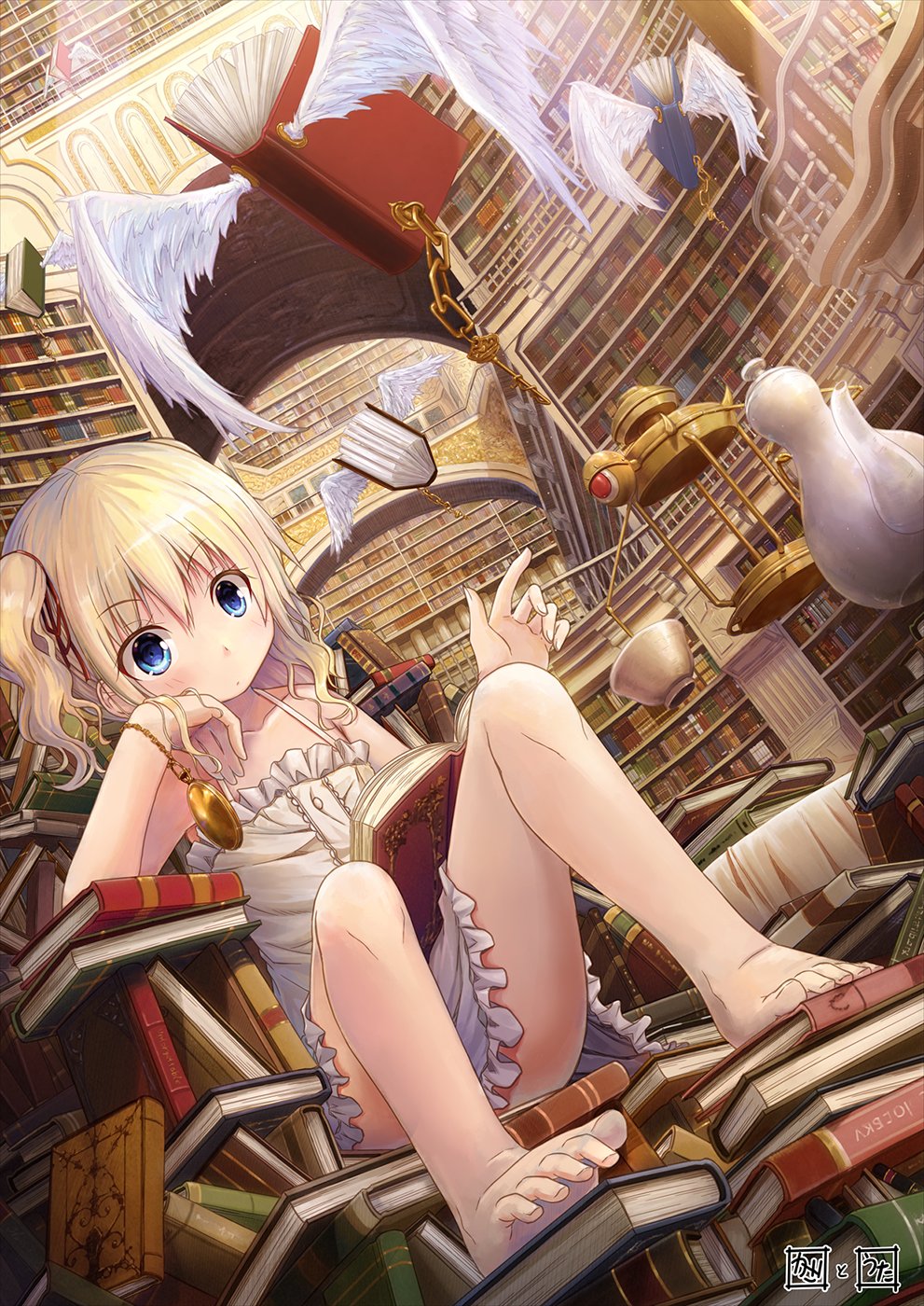 akiyama_uta arm_support bangs bare_arms bare_shoulders barefoot blonde_hair blue_eyes blush book bookshelf chain collaboration collarbone commentary_request cup dress dutch_angle elbow_rest eyebrows_visible_through_hair fantasy feathered_wings fingernails frilled_dress frills hair_between_eyes hair_ribbon head_tilt highres indoors kago_no_tori key library light light_rays long_hair open_book original pile_of_books pocket railing reading red_ribbon ribbon side_ponytail sitting sleeveless solo teacup teapot toenails too_many too_many_books v-shaped_eyebrows wavy_hair white_dress white_wings wings