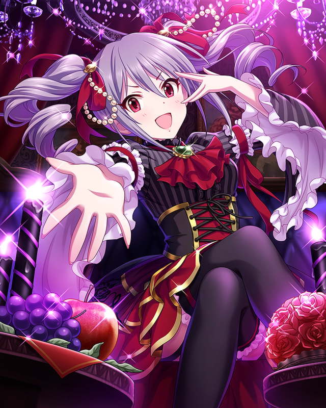 apple artist_request bow chandelier corset crossed_legs drill_hair eyelashes food frills fruit garter_straps gothic_lolita grapes grey_hair hair_between_eyes hair_bow idolmaster idolmaster_cinderella_girls indoors kanzaki_ranko lolita_fashion long_hair looking_at_viewer official_art open_mouth outstretched_hand pinstripe_pattern red_eyes sitting smile solo striped thighhighs twin_drills twintails wide_sleeves
