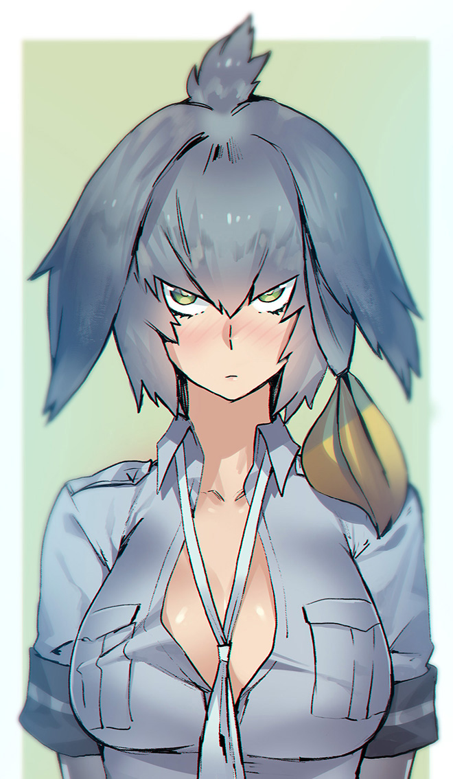 bangs between_breasts blush breast_pocket breasts chromatic_aberration closed_mouth collarbone collared_shirt commentary_request green_eyes grey_hair grey_shirt hair_between_eyes harabacho_(gkfkqkch1) kemono_friends large_breasts long_hair looking_at_viewer low_ponytail multicolored_hair necktie necktie_between_breasts nose_blush orange_hair partially_unbuttoned pocket shirt shoebill_(kemono_friends) short_sleeves side_ponytail solo upper_body white_neckwear