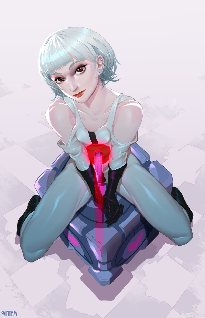 androgynous bare_shoulders brown_eyes collarbone ear_piercing eyelashes flat_chest highres lips looking_at_viewer personification piercing portal portal_(series) short_hair sitting solo turret_(portal) vintem weighted_companion_cube