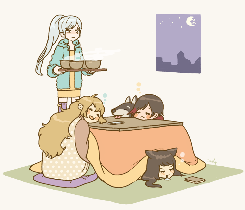 animal_ears blake_belladonna book bowl broken_moon cat_ears commentary drooling kotatsu moon multiple_girls nica_(koblf) ruby_rose rwby scar scar_across_eye sleeping snoring steam table tray weiss_schnee welsh_corgi window yang_xiao_long zwei_(rwby)