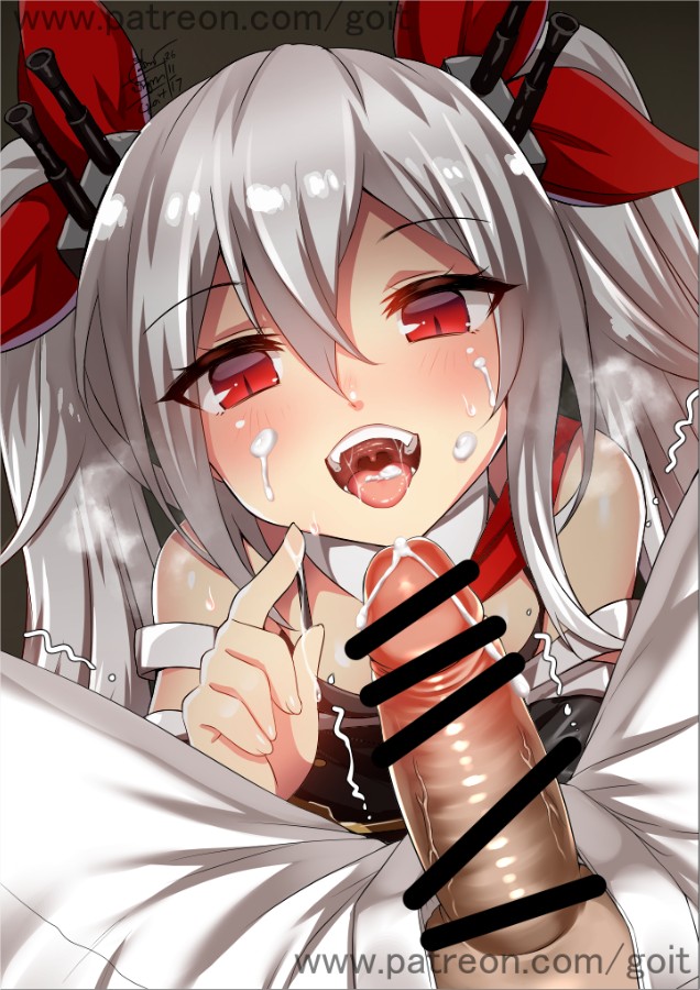 1girl :d artist_name azur_lane bangs bar_censor bare_shoulders blush breasts censored commander_(azur_lane) cum cum_in_mouth detached_collar detached_sleeves downblouse eyebrows_visible_through_hair facial foreshortening from_above go-it hair_between_eyes hair_ribbon hand_up headgear hetero index_finger_raised long_hair long_sleeves motion_lines necktie open_fly open_mouth pants penis red_eyes red_neckwear red_ribbon ribbon saliva signature silver_hair sitting slit_pupils small_breasts smile solo_focus spread_legs teeth tongue tongue_out trembling tsurime twintails uvula vampire_(azur_lane) watermark web_address white_pants