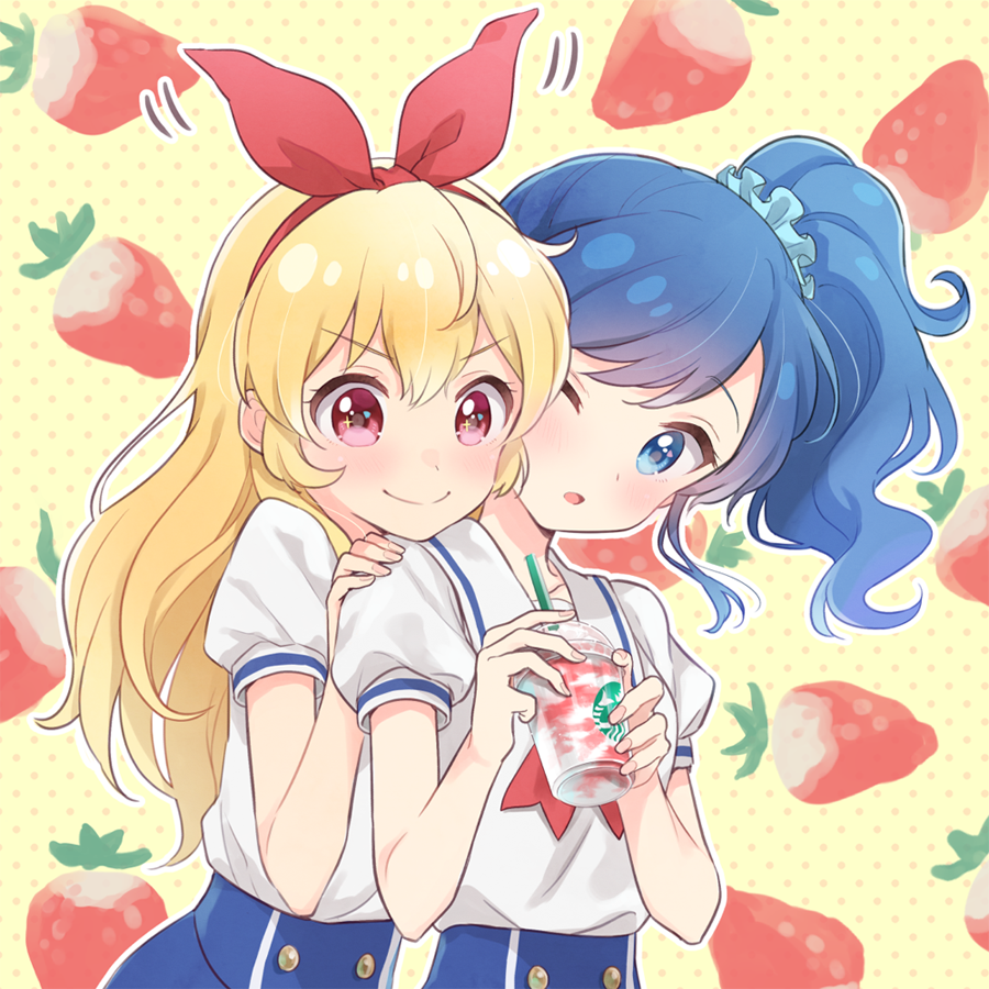 aikatsu! aikatsu!_(series) bangs blonde_hair blue_eyes blue_hair blue_scrunchie blush commentary cup disposable_cup drinking_straw expressive_clothes eyebrows_visible_through_hair food frappuccino fruit gobou_1000 hair_between_eyes hair_ornament hair_ribbon hair_scrunchie hairband hand_on_another's_shoulder holding holding_cup hoshimiya_ichigo kiriya_aoi leaning_on_person long_hair multiple_girls neckerchief one_eye_closed open_mouth polka_dot polka_dot_background red_eyes ribbon school_uniform scrunchie side_ponytail smile starbucks starlight_academy_uniform strawberry strawberry_background upper_body yuri