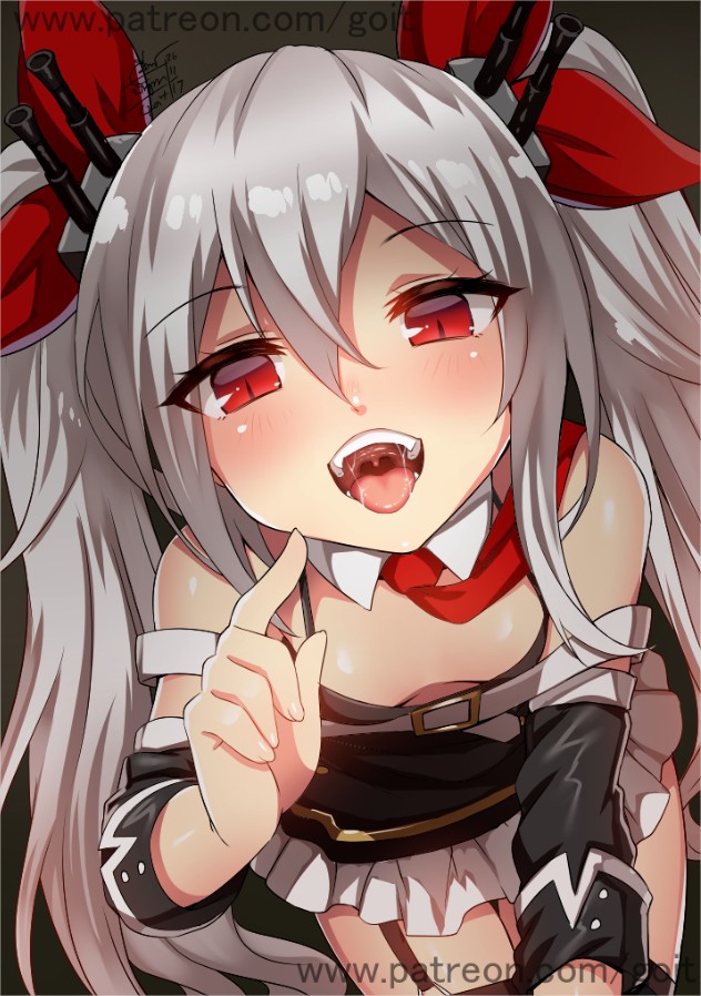 :d artist_name azur_lane bangs bare_shoulders blush breasts detached_collar detached_sleeves downblouse eyebrows_visible_through_hair foreshortening from_above garter_straps go-it hair_between_eyes hair_ribbon hand_up headgear index_finger_raised long_hair long_sleeves miniskirt necktie open_mouth pleated_skirt red_eyes red_neckwear red_ribbon ribbon saliva signature silver_hair sitting skirt slit_pupils small_breasts smile solo teeth thighhighs tongue tongue_out tsurime twintails uvula vampire_(azur_lane) watermark web_address white_skirt zettai_ryouiki