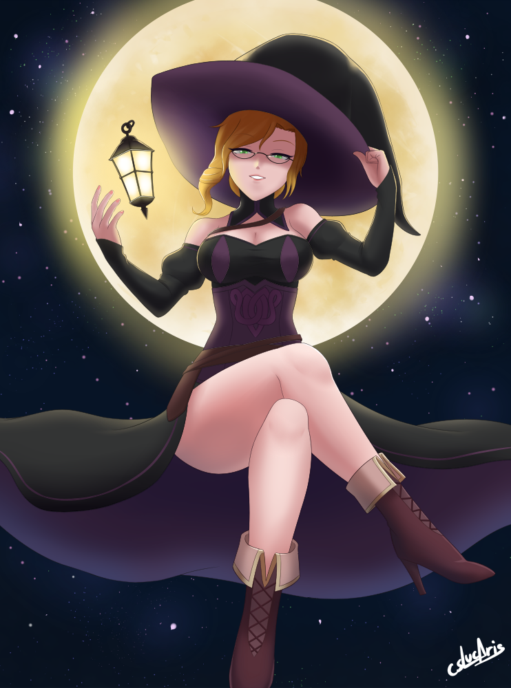 artist_name bare_shoulders boots breasts cleavage cosplay crossed_legs cslucaris detached_sleeves fire_emblem floating full_moon glasses glynda_goodwitch hat high_heel_boots high_heels lantern large_breasts legs moon rwby sky solo star_(sky) starry_sky thighs witch_hat