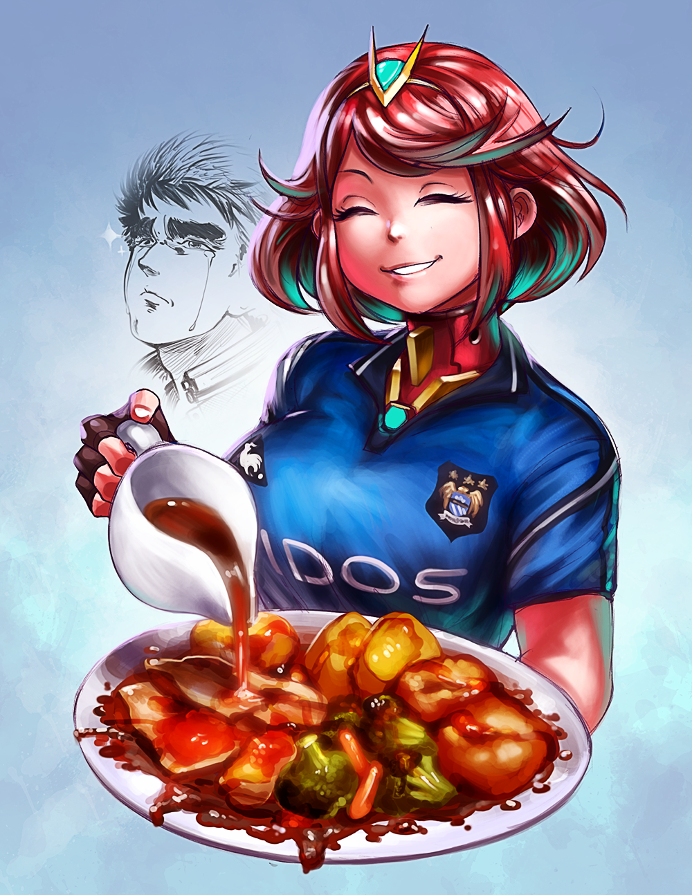 ^_^ amano-g breasts closed_eyes commentary crying eyelashes fingerless_gloves food forehead_jewel gloves gravy gravy_boat highres homura_(xenoblade_2) large_breasts lips manchester_city_fc premier_league red_hair short_hair smile soccer_uniform solo_focus sportswear tears tiara xenoblade_(series) xenoblade_2