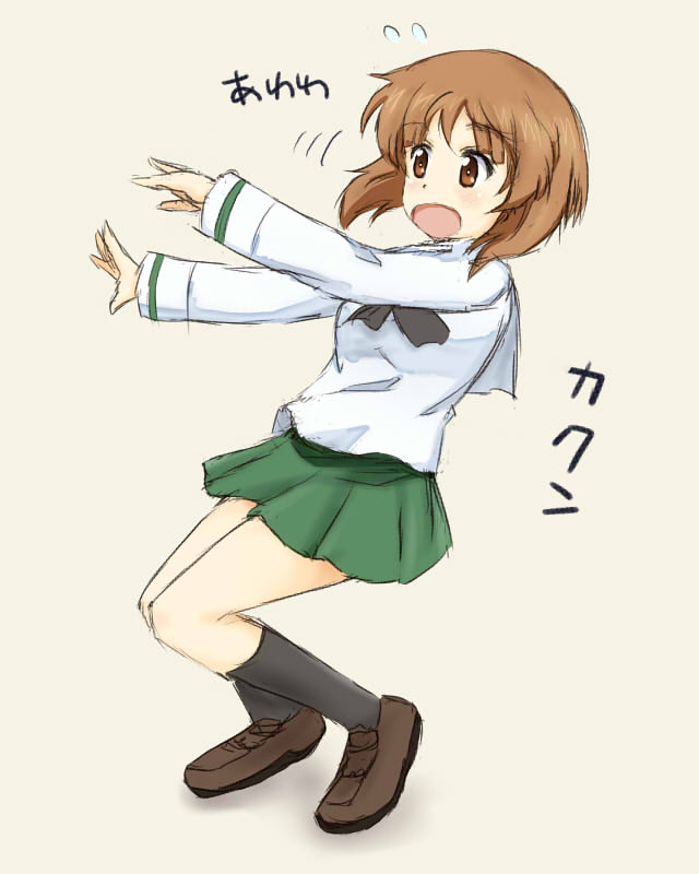 black_legwear black_neckwear blouse brown_footwear commentary_request eyebrows_visible_through_hair falling girls_und_panzer green_skirt light_brown_background light_brown_eyes light_brown_hair loafers long_sleeves ma-2_(konkon_kitakitsune) miniskirt neckerchief nishizumi_miho ooarai_school_uniform open_eyes open_mouth outstretched_arms pleated_skirt school_uniform shoes short_hair simple_background skirt socks surprised white_blouse