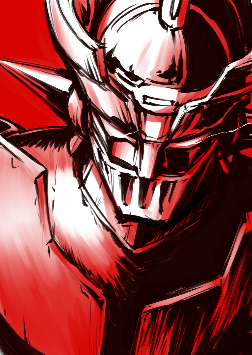 glowing glowing_eyes gradient highres kanno_takanori mazinger_z mazinger_z_(mecha) mecha nagai_gou_(style) no_humans official_style oldschool red sketch solo super_robot upper_body