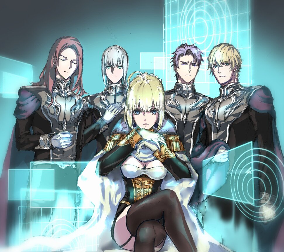 4boys annotated artoria_pendragon_(all) bedivere braid breasts cape cleavage crossed_legs epaulettes fate/extra fate/grand_order fate/stay_night fate_(series) french_braid galactic_empire_(gin'eiden) gawain_(fate/extra) ginga_eiyuu_densetsu gloves golden_wings_(fate/grand_order) hand_on_own_chest holographic_interface knights_of_the_round_table_(fate) lancelot_(fate/grand_order) looking_at_viewer medium_breasts multiple_boys nodo_goshisawayaka saber sitting thighhighs tristan_(fate/grand_order) white_gloves