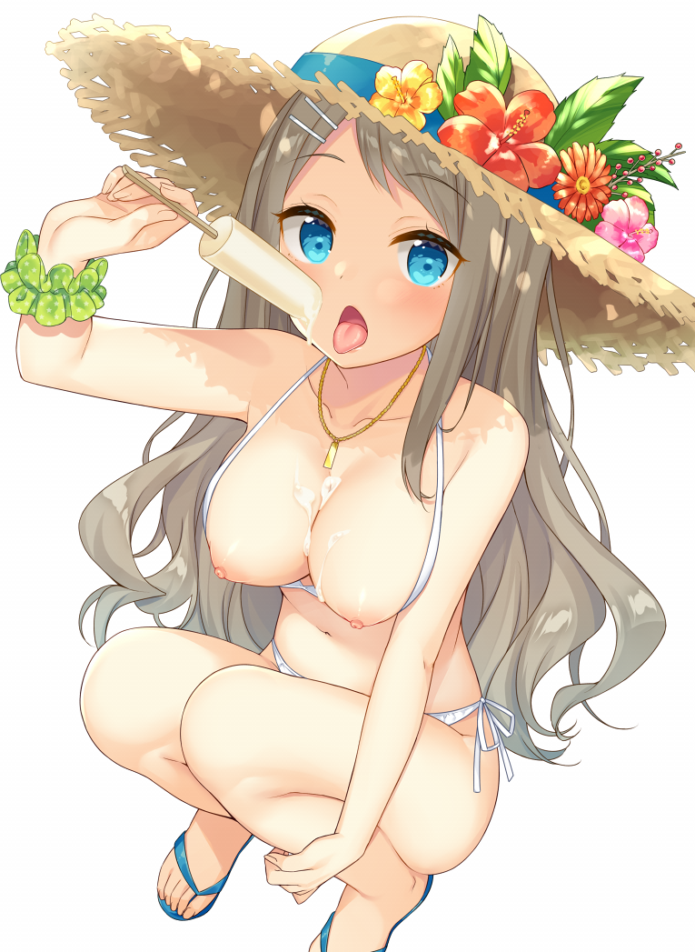 bangs bekotarou blue_eyes blush breasts breasts_outside collarbone comic_anthurium commentary_request eyebrows_visible_through_hair flower food full_body green_scrunchie grey_hair hair_ornament hair_scrunchie hairclip hat hat_flower hibiscus jewelry large_breasts long_hair looking_at_viewer navel necklace nipples open_mouth polka_dot polka_dot_scrunchie popsicle scrunchie sidelocks simple_background slippers solo squatting straw_hat swept_bangs swimsuit thighs tongue tongue_out wavy_hair white_background