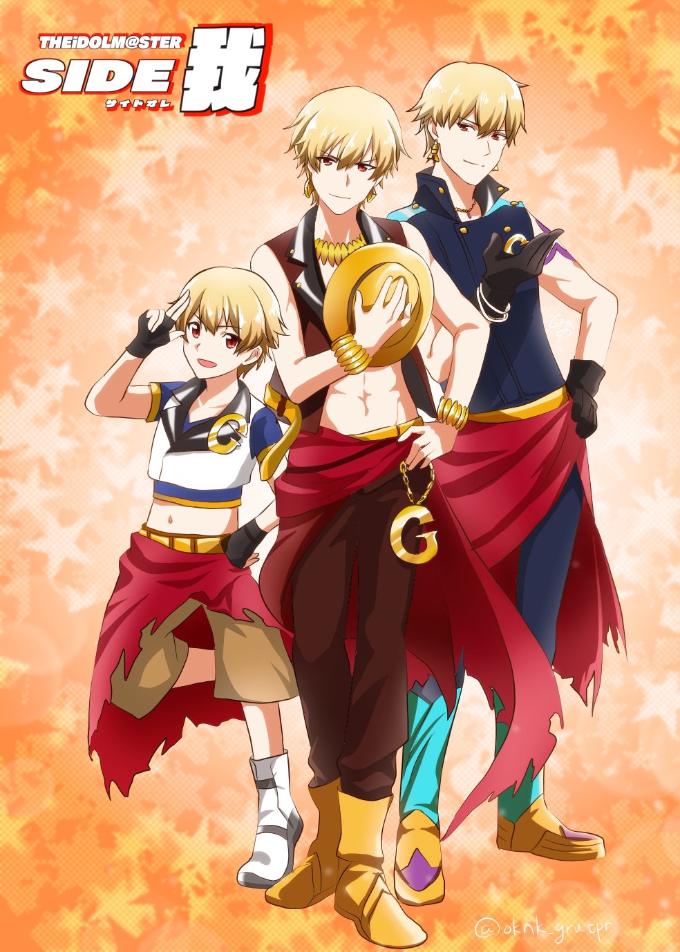 blonde_hair child_gilgamesh fate/grand_order fate/hollow_ataraxia fate/stay_night fate_(series) full_body gilgamesh gilgamesh_(caster)_(fate) hat highres idol idolmaster idolmaster_side-m jupiter_(idolmaster) male_focus multiple_boys multiple_persona orange_background parody red_eyes salute star starry_background twitter_username two-finger_salute