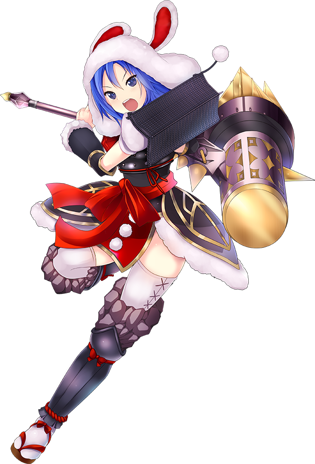 :o blue_hair full_body holding holding_hammer holding_weapon looking_at_viewer official_art oshiro_project oshiro_project_re solo taicho128 thighhighs transparent_background tsu_(oshiro_project) v-shaped_eyebrows weapon white_legwear