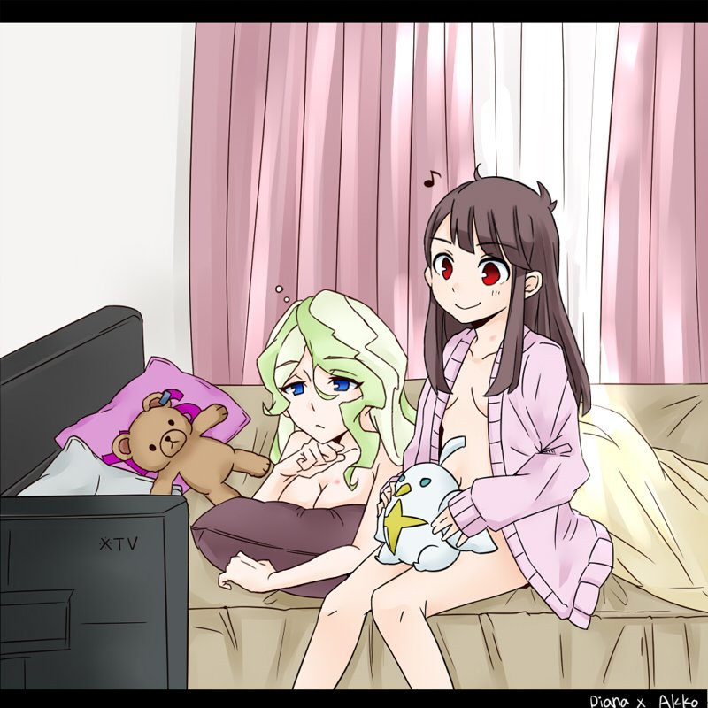 bed blanket breasts cleavage commentary convenient_censoring diana_cavendish drowsy hickey kagari_atsuko large_breasts little_witch_academia medium_breasts multiple_girls musical_note naked_sheet naked_shirt partially_undressed pillow raisun shirt smile stuffed_animal stuffed_toy teddy_bear television under_covers watching_television yes yes-no_pillow yuri