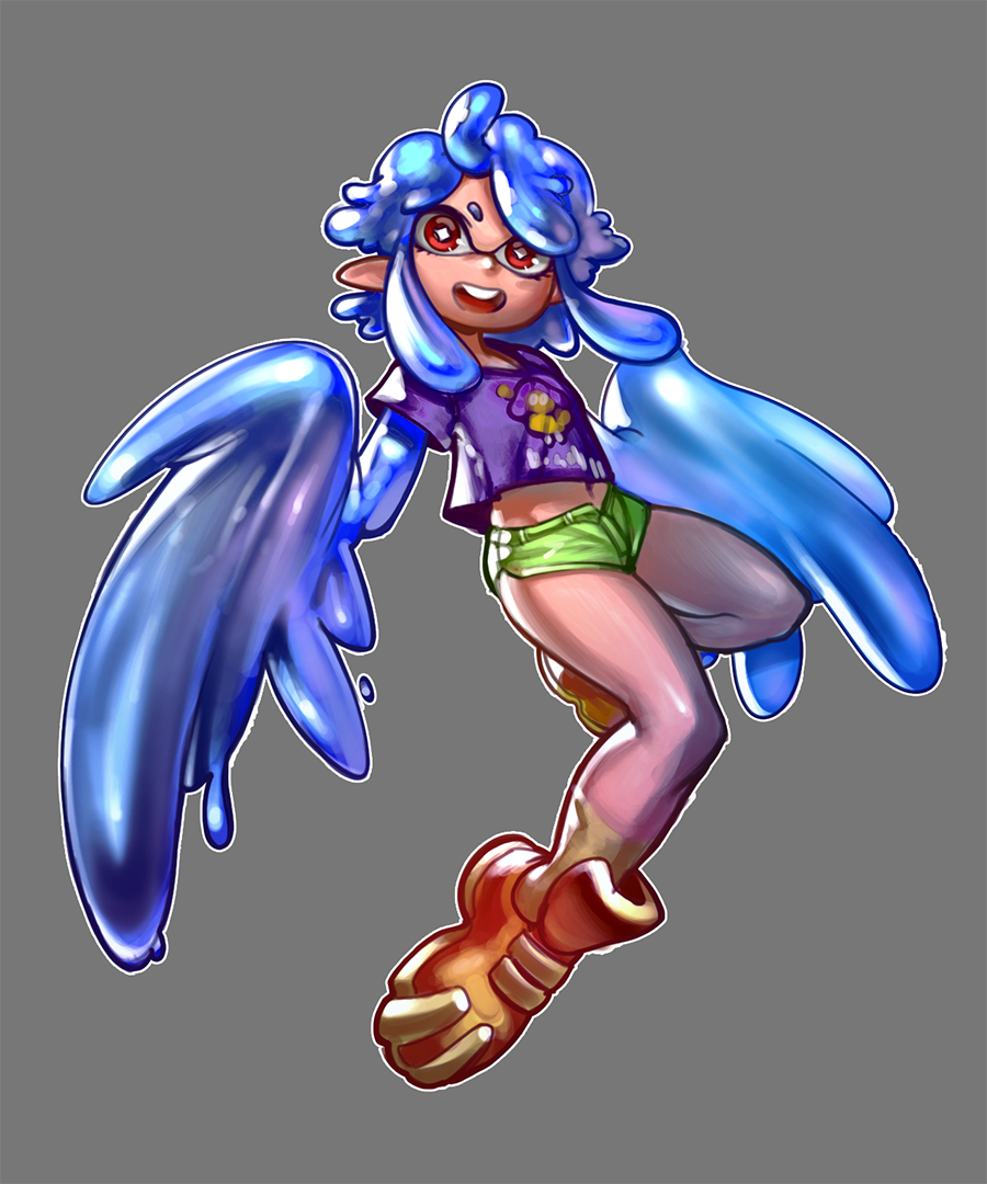 amano-g ankle_boots blue_hair boots feathered_wings feathers flat_chest full_body fusion grey_background harpy inkling monster_girl monster_musume_no_iru_nichijou papi_(monster_musume) pointy_ears shirt short_hair_with_long_locks short_shorts shorts solo splatoon_(series) symbol-shaped_pupils t-shirt wings