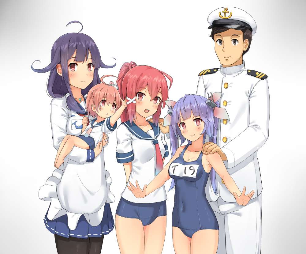 4girls :3 :d admiral_(kantai_collection) ahoge anchor_symbol apron arm_behind_back arm_up bangs bare_arms bare_legs bare_shoulders barefoot black_legwear blue_hair blue_skirt blue_swimsuit blunt_bangs blush breasts brown_eyes brown_hair buttons character_name child cleavage closed_mouth collarbone competition_school_swimsuit covered_navel cowboy_shot eyebrows_visible_through_hair flower-shaped_pupils gloves gradient gradient_background grey_background hair_between_eyes hair_flaps hair_ornament hair_over_shoulder hair_ribbon hand_on_another's_shoulder hat headgear i-168_(kantai_collection) i-19_(kantai_collection) i-58_(kantai_collection) jewelry jpeg_artifacts kantai_collection long_hair long_sleeves low-tied_long_hair low_twintails magatama medium_breasts military military_hat military_uniform multiple_girls name_tag naval_uniform neckerchief necklace one-piece_swimsuit open_mouth pants pantyhose peaked_cap pendant pink_eyes pink_hair pink_ribbon pleated_skirt ponytail purple_hair red_eyes red_hair ribbon sailor_collar school_swimsuit school_uniform serafuku shirt short_hair short_sleeves skin_tight skirt smile soushou_nin spread_fingers standing swimsuit swimsuit_under_clothes symbol-shaped_pupils taigei_(kantai_collection) tri_tails twintails uniform white_apron white_gloves white_hat white_pants white_shirt x_hair_ornament younger