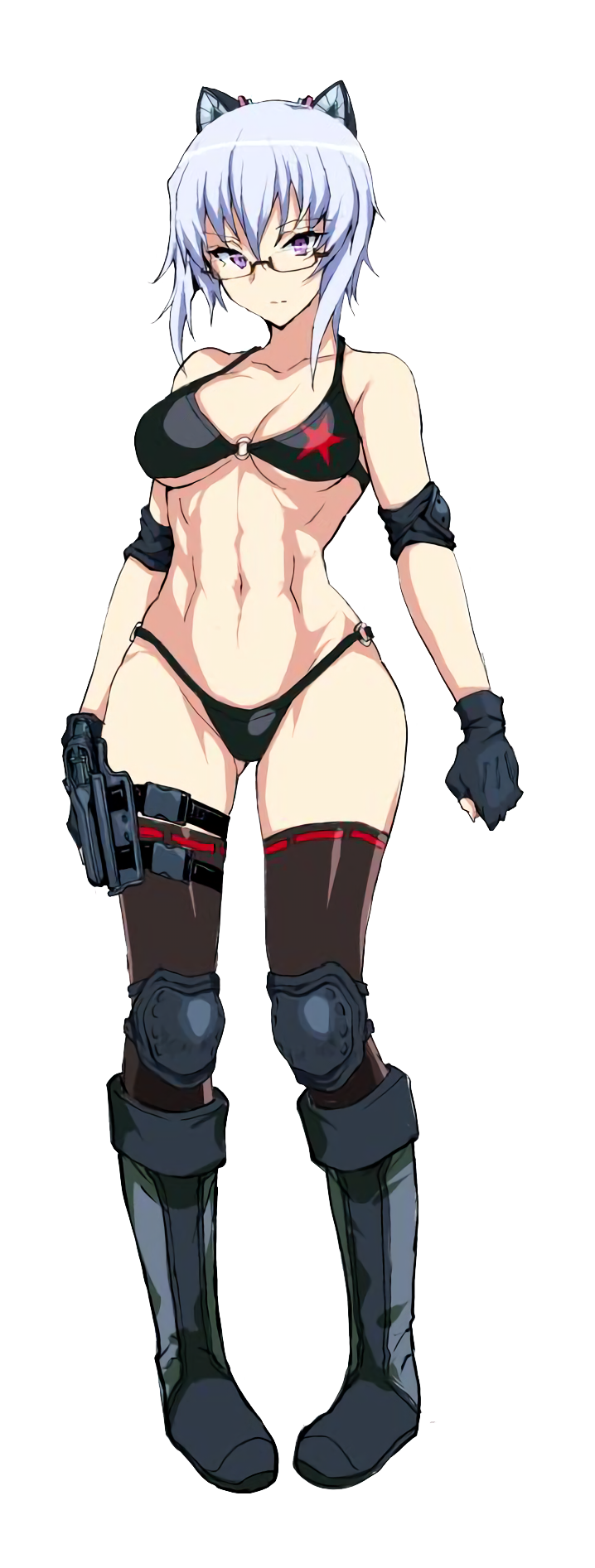 abs animal_ears anonyma armor bikini black_bikini blue_hair boots breasts cat_ears comitia commentary_request elbow_pads fingerless_gloves gakuen_taisen_valkyries glasses gloves gun highres holster knee_pads large_breasts looking_at_viewer navel purple_eyes red_star sblack sheath solo swimsuit thighhighs weapon