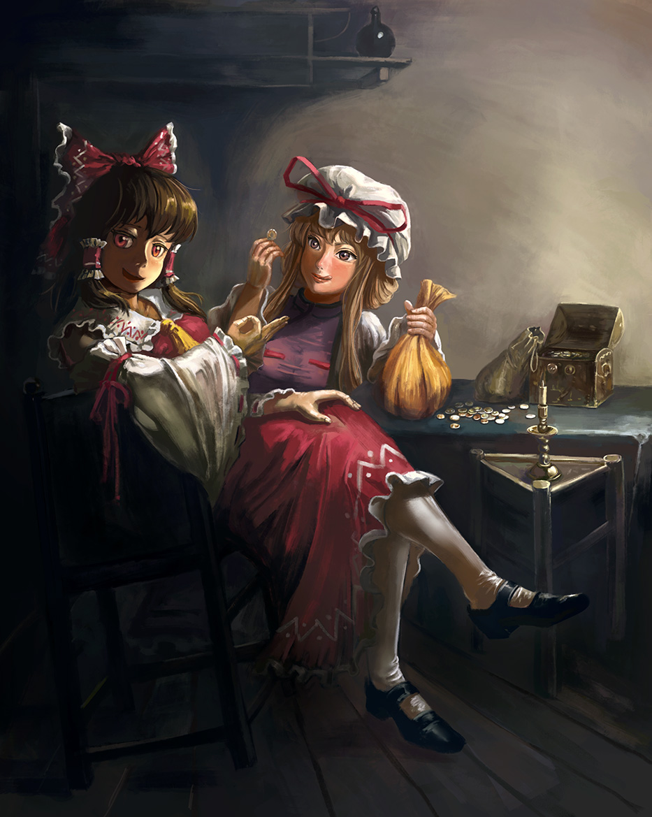 alternate_hairstyle amibazh arm_ribbon ascot bag black_footwear blonde_hair blush bow brown_hair candle candlestand chair commentary crossed_legs detached_sleeves dress frilled_shirt_collar frills gold hair_bow hair_tubes hair_up hakurei_reimu half-closed_eyes hand_gesture hat hat_ribbon holding_coin indoors leaning_back looking_at_viewer mob_cap multiple_girls purple_eyes red_eyes red_shirt red_skirt ribbon ribbon-trimmed_sleeves ribbon_trim shiny shiny_hair shirt sidelocks sitting skirt smile smug tabard table tongue tongue_out touhou treasure_chest white_dress white_legwear wide_sleeves yakumo_yukari