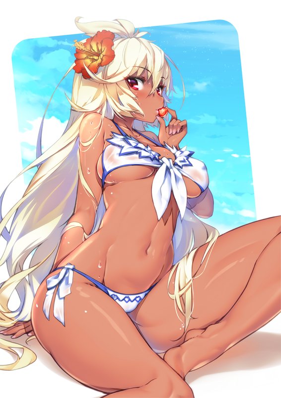 ahoge arm_at_side arm_support bare_legs barefoot bikini breasts commentary_request dark_skin eyebrows_visible_through_hair flower food front-tie_bikini front-tie_top fruit granblue_fantasy hair_between_eyes hair_flower hair_ornament hand_up hibiscus hong_(white_spider) large_breasts lips long_hair looking_at_viewer mouth_hold nail_polish navel outside_border red_eyes side-tie_bikini sitting solo strawberry swimsuit underboob very_long_hair wet wet_clothes wet_swimsuit white_bikini white_hair yokozuwari zooey_(granblue_fantasy)