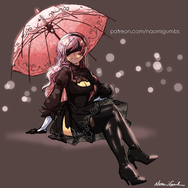 1girl blindfold boots breasts brown_hair cleavage cleavage_cutout cosplay dress high_heel_boots high_heels legs_crossed looking_at_viewer neo_(rwby) nier_(series) nier_automata pink_hair rwby smile solo two-tone_hair umbrella yorha_no._2_type_b yorha_no._2_type_b_(cosplay)
