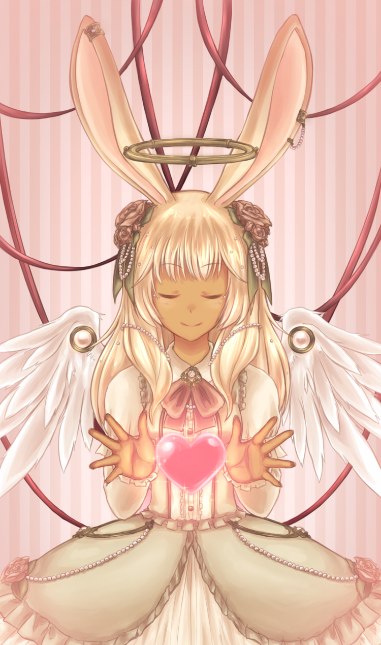 animal_ears blonde_hair blush brooch bunny_ears closed_eyes closed_mouth collared_shirt commentary_request dark_skin ear_clip eyebrows_visible_through_hair feathered_wings flower frilled_shirt frills hair_flower hair_ornament halo heart highres jewelry kokoro_rokoko long_hair long_sleeves neck_ribbon original pearl red_flower red_ribbon red_rose ribbon rose shirt skirt smile solo sparkle striped striped_background vertical-striped_background vertical_stripes white_shirt white_skirt white_wings wing_collar wings
