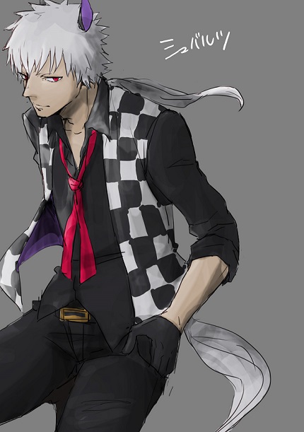 animal_ears bad_id bad_pixiv_id doubutsu_no_mori gloves grey_background grey_hair horse_boy horse_ears horse_tail long_hair low_ponytail male_focus necktie personification red_eyes ronisuke schwartz_(doubutsu_no_mori) simple_background solo tail translation_request
