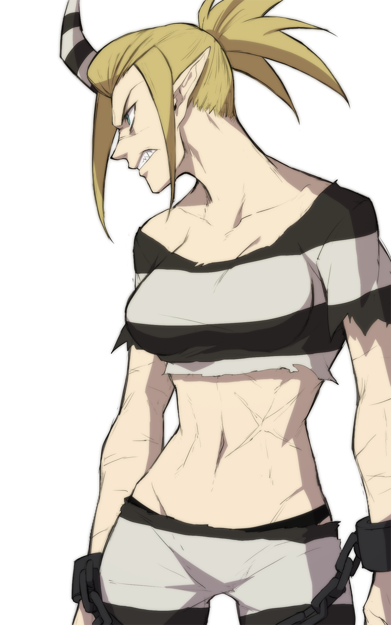 bare_shoulders bared_teeth blue_eyes breasts crop_top cuffs ganno groin highres horn long_hair looking_to_the_side medium_breasts midriff pointy_ears ponytail prison_clothes scar scythana serious shackles sharp_teeth shirt skullgirls solo striped striped_shirt teeth