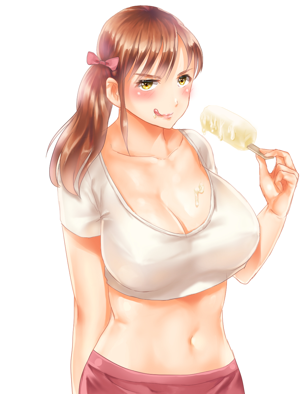 :q bad_id bad_pixiv_id breasts brown_hair commentary_request food highres large_breasts medium_hair navel original popsicle riichi_(rouchi) simple_background solo tongue tongue_out white_background yellow_eyes