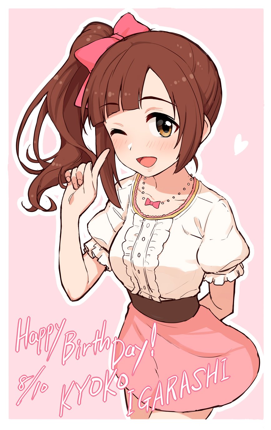 arm_behind_back blush border bow brown_eyes brown_hair character_name dated frills hair_bow happy_birthday heart highres idolmaster idolmaster_cinderella_girls igarashi_kyouko index_finger_raised long_hair looking_at_viewer omaru_gyuunyuu one_eye_closed open_mouth pink_background pink_bow pink_shirt pink_skirt puffy_short_sleeves puffy_sleeves shirt short_sleeves side_ponytail skirt smile solo white_border