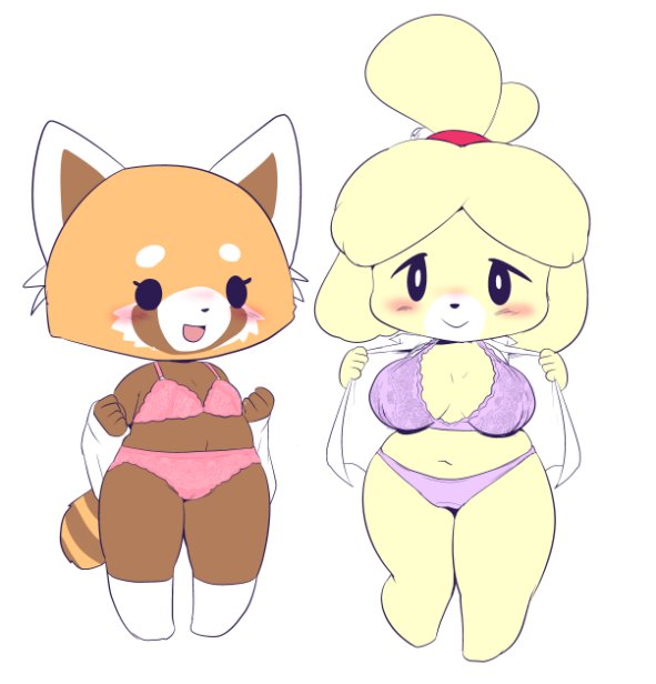 aggressive_retsuko animal_crossing anthro big_breasts blush bra breast_size_difference breasts camel_toe canine clothed clothing crossover dog duo female flat_chested isabelle_(animal_crossing) legwear looking_at_viewer mammal navel nintendo panties red_panda retsuko short_stack simple_background slightly_chubby smile socks underwear undressing video_games white_background woory_tama