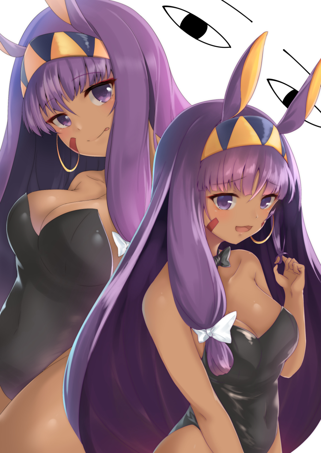 &lt;o&gt;_&lt;o&gt; :3 :q animal_ears bangs bare_legs bare_shoulders black_bow black_leotard blush bow bowtie breasts bunny_girl bunnysuit cleavage collarbone dark_skin earrings enatsu facepaint facial_mark fate/grand_order fate_(series) hair_bow hair_twirling hairband highres hoop_earrings jackal_ears jewelry large_breasts leotard long_hair looking_at_viewer multiple_views nitocris_(fate/grand_order) open_mouth purple_eyes purple_hair sidelocks smile strapless strapless_leotard tongue tongue_out very_long_hair white_bow