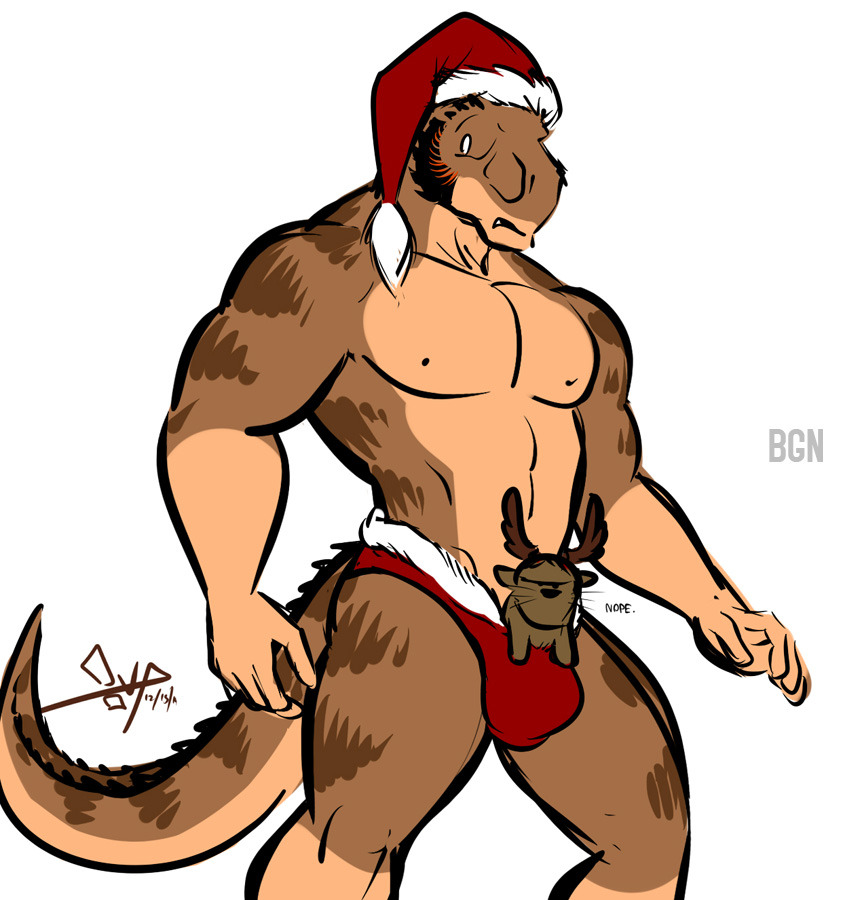 2014 anthro bgn briefs bulge cervine christmas clothing dinosaur facial_hair hat holidays male mammal moose muscular nipples pecs penis poking_out pose santa_hat scalie sideburns size_difference solo standing surprise theropod ty_(bgn) tyrannosaurus_rex underwear