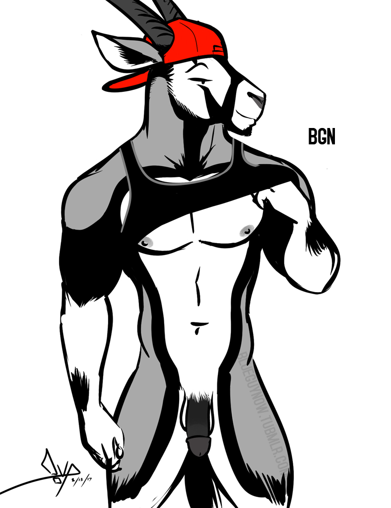 2017 antelope anthro athletic backwards_baseball_cap balls baseball_cap bgn biped bottomless clothed clothing clothing_lift digital_media_(artwork) eyebrows flaccid front_view glans greyscale hat horn humanoid_penis jamie_the_oryx male mammal monochrome navel nipples oryx partially_clothed pecs penis portrait shirt shirt_lift signature simple_background smile snout solo spot_color standing tank_top three-quarter_portrait url white_background