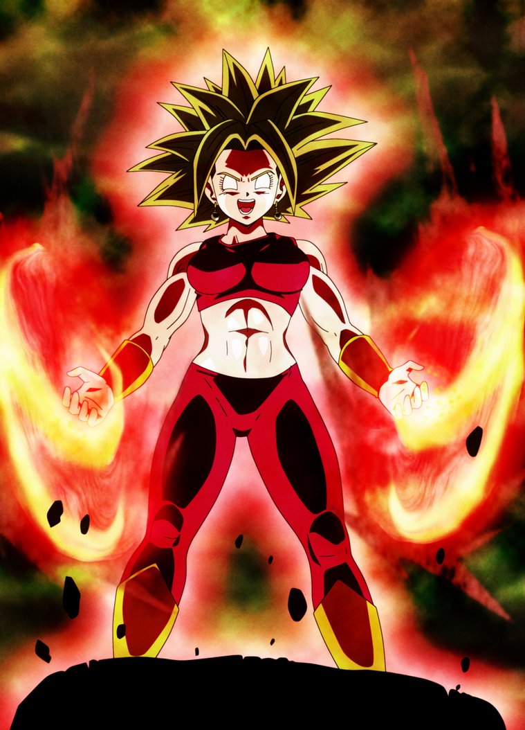 1girl abs alone armband aura bare_shoulders breasts caulifla dragon_ball dragon_ball_super female fusion green_hair kale_(dragon_ball) kefla open_mouth pants potara_earrings red_pants red_shirt saiyan shirt six_pack solo spiked_hair spiky_hair super_saiyan white_eyes wristband yelling