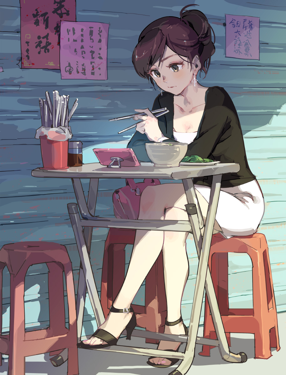 bag bangs bare_legs black_footwear black_shirt blush bowl breasts brown_eyes cellphone chair chopsticks cleavage closed_mouth collarbone crossed_legs cup earrings food food_bowl full_body handbag high_heels highres holding jewelry left-handed legs long_sleeves looking_at_phone medium_breasts office_lady office_lady_taiwan original outdoors pencil_skirt phone ponytail poster_(object) purple_hair shirt short_hair sitting skirt smartphone solo stool sunlight swept_bangs table tennohi white_skirt