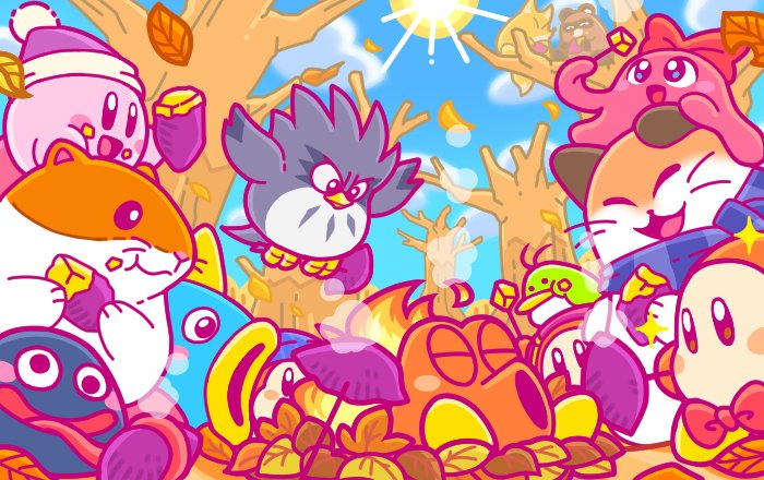 5boys autumn autumn_leaves beanie bird blush_stickers bobblehat bow bowtie cat chuchu_(kirby) commentary_request con_(kirby) coo_(kirby) eating fish food fox gooey hamster hat hot_head_(kirby) kine_(kirby) kirby kirby_(series) leaf multiple_boys nago no_humans octopus official_art owl pitch_(kirby) pon_(kirby) rick_(kirby) roasting sun sweet_potato tanuki tree waddle_dee