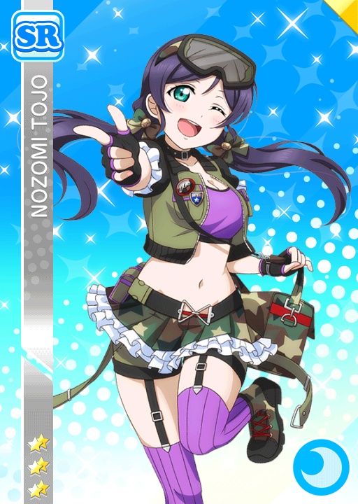 amile blush character_name gloves green_eyes hat long_hair love_live!_school_idol_festival love_live!_school_idol_project military purple_hair shorts toujou_nozomi twintails wink