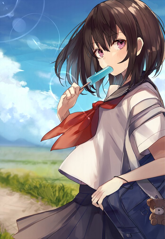 bag_charm black_skirt blouse blue_sky blush brown_hair carrying_bag charm_(object) cloud cloudy_sky commentary_request cowboy_shot day dirt_road eating eyebrows_visible_through_hair food food_in_mouth grass hair_between_eyes holding holding_food lens_flare looking_at_viewer neckerchief original outdoors pleated_skirt popsicle purple_eyes red_neckwear sailor_collar school_uniform scrunchie serafuku short_hair short_sleeves shugao skirt sky solo standing sweat white_blouse wrist_scrunchie
