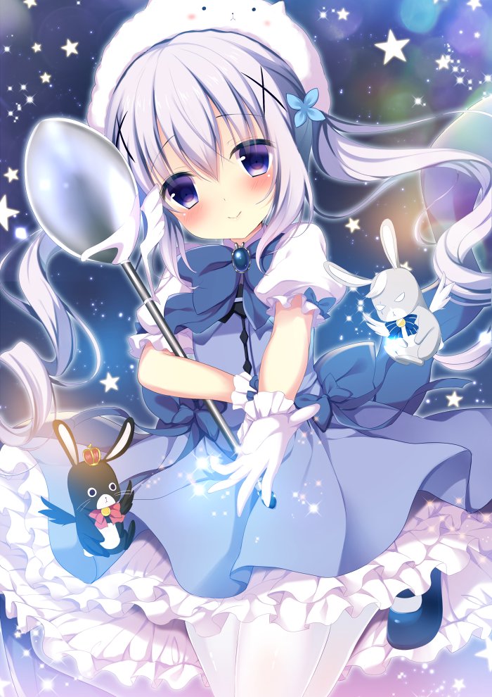 :&lt; alternate_costume alternate_hairstyle angora_rabbit animal animal_on_head bangs bare_shoulders black_wings blue_dress blue_footwear blue_neckwear blush bow bowtie brooch bunny closed_mouth crown dress eyebrows_visible_through_hair floating_hair gloves gochuumon_wa_usagi_desu_ka? hair_between_eyes hair_ornament head_tilt holding holding_spoon jewelry kafuu_chino leg_up long_hair looking_at_viewer magical_girl mary_janes md5_mismatch mini_crown on_head outstretched_arm outstretched_hand oversized_object pantyhose petticoat pink_neckwear puffy_short_sleeves puffy_sleeves purple_eyes purple_hair reaching_out shibainu_niki shiny shiny_hair shoes short_dress short_sleeves smile sparkle spoon star striped striped_neckwear twintails very_long_hair white_gloves white_legwear white_wings wings x_hair_ornament