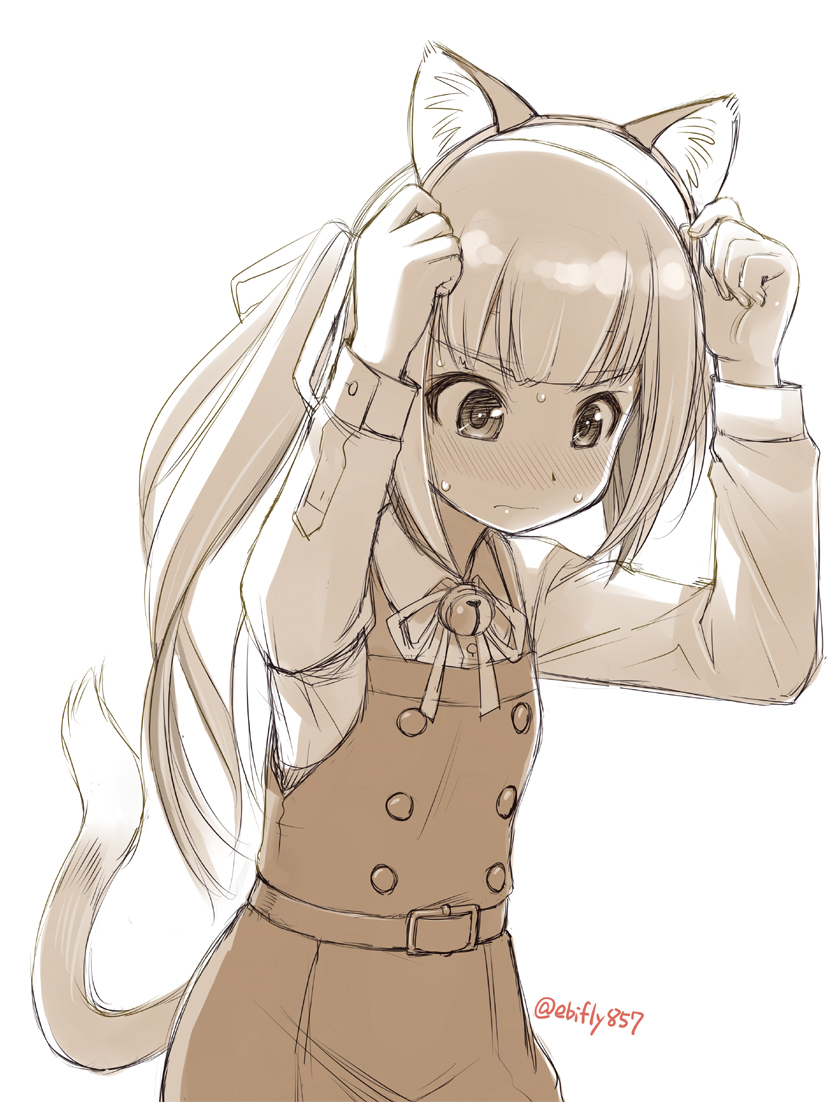 animal_ears bangs bell belt blunt_bangs blush cat_ears commentary cowboy_shot dress ebifly eyebrows_visible_through_hair fake_animal_ears hands_up holding jingle_bell kantai_collection kasumi_(kantai_collection) long_hair long_sleeves looking_down monochrome neck_ribbon nose_blush pinafore_dress putting_on_headwear remodel_(kantai_collection) ribbon school_uniform sepia shirt side_ponytail simple_background solo standing sweatdrop tail twitter_username white_background