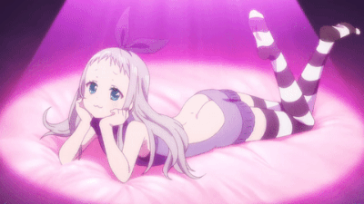 10s 1boy :3 animated animated_gif ass blend_s blue_eyes blush butt_crack chin_rest grey_hair hair_bow kanzaki_hideri legs_up long_hair looking_at_viewer lying on_stomach one_eye_closed open_mouth smile solo striped striped_legwear subtitled thighhighs trap virgin_killer_sweater wink