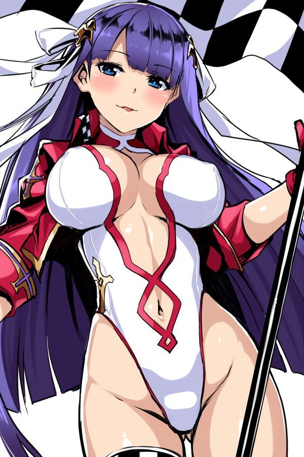 aerial_drive ass_visible_through_thighs blue_eyes breasts checkered checkered_flag commentary_request cropped_jacket fate/grand_order fate_(series) flag gloves groin hair_ribbon highleg highleg_leotard hips horosuke_(toot08) jacket large_breasts leotard long_hair looking_at_viewer navel parted_lips purple_hair race_queen red_gloves red_jacket ribbon saint_martha simple_background solo thighhighs white_background white_leotard white_ribbon