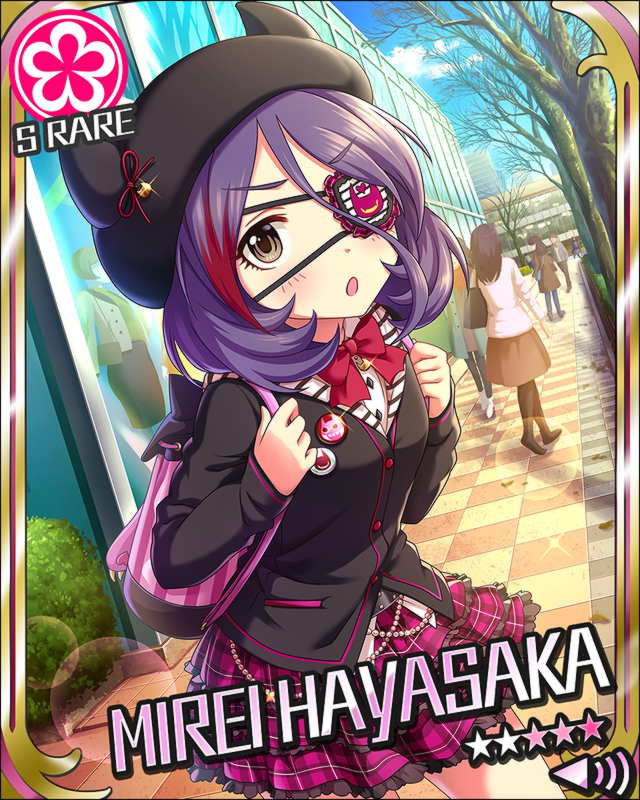 blush card_(medium) character_name eyepatch gothic hayasaka_mirei idolmaster idolmaster_cinderella_girls purple_hair short_hair stars violet_eyes