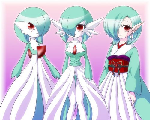 3girls bad_id bad_pixiv_id blush border breasts collarbone earrings female gardevoir gradient_background green_hair hair_over_one_eye japanese_clothes jpeg_artifacts kimono knees_together_feet_apart long_sleeves looking_at_viewer medium_breasts multiple_girls multiple_persona obi personification pointy_ears pokemon pokemon_(creature) pokemon_rse purple_background red_eyes sash shiratsuki short_hair simple_background smile standing white_border