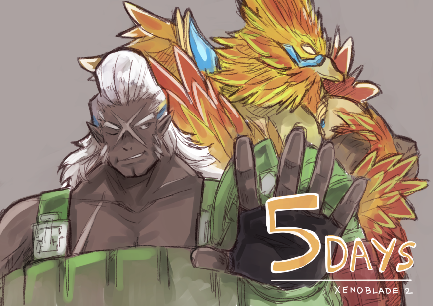 bird copyright_name countdown dark_skin dark_skinned_male grey_background male_focus multiple_boys muscle number overalls pointy_ears scar shadow2810 simple_background suzaku_(xenoblade) upper_body vandham_(xenoblade) white_hair xenoblade_(series) xenoblade_2