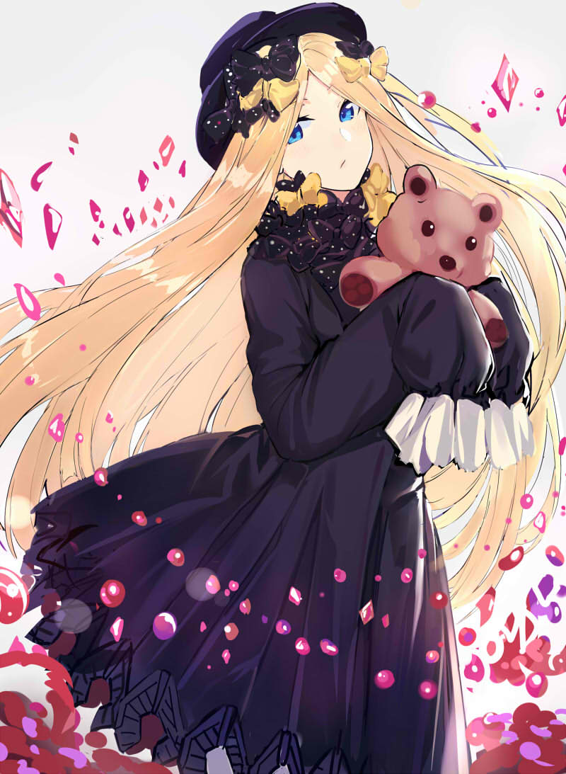 abigail_williams_(fate/grand_order) bangs black_bow black_dress black_hat blonde_hair blue_eyes blush bow bubble bug butterfly closed_mouth commentary_request dress echj eyebrows_visible_through_hair fate/grand_order fate_(series) grey_background hair_bow hat head_tilt holding holding_stuffed_animal insect long_hair long_sleeves looking_at_viewer orange_bow parted_bangs polka_dot polka_dot_bow sleeves_past_wrists solo stuffed_animal stuffed_toy teddy_bear very_long_hair